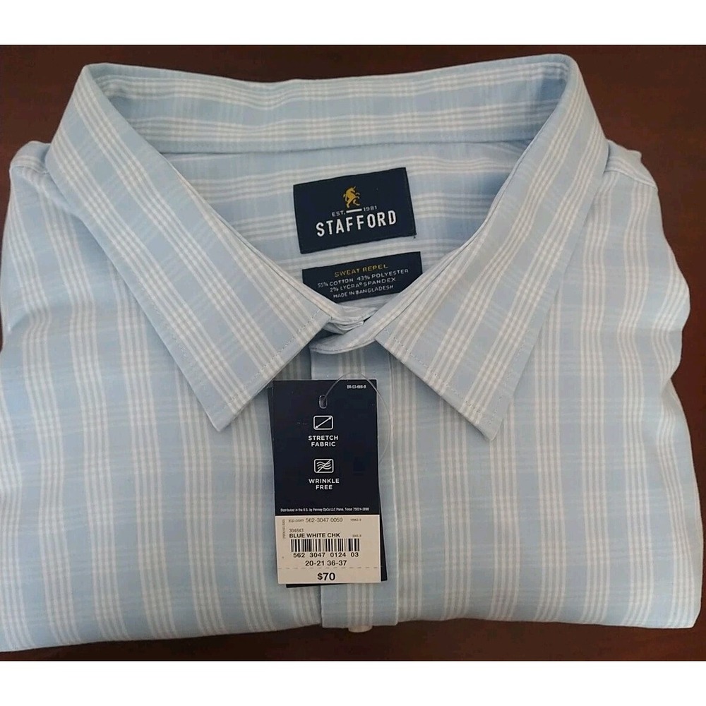 Stafford Men Big And Tall Sweat Repel Long Sleeve Button Front Blue Dress Shirt